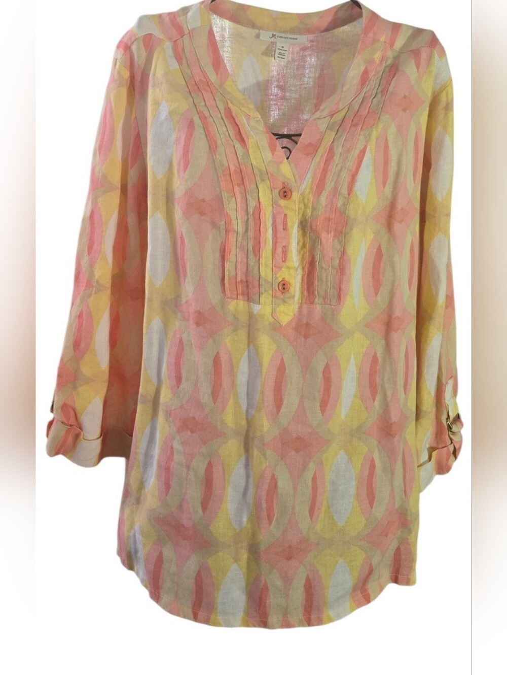 JM Collection Pink and Yellow Geometric Pintuck Tunic 100% Linen